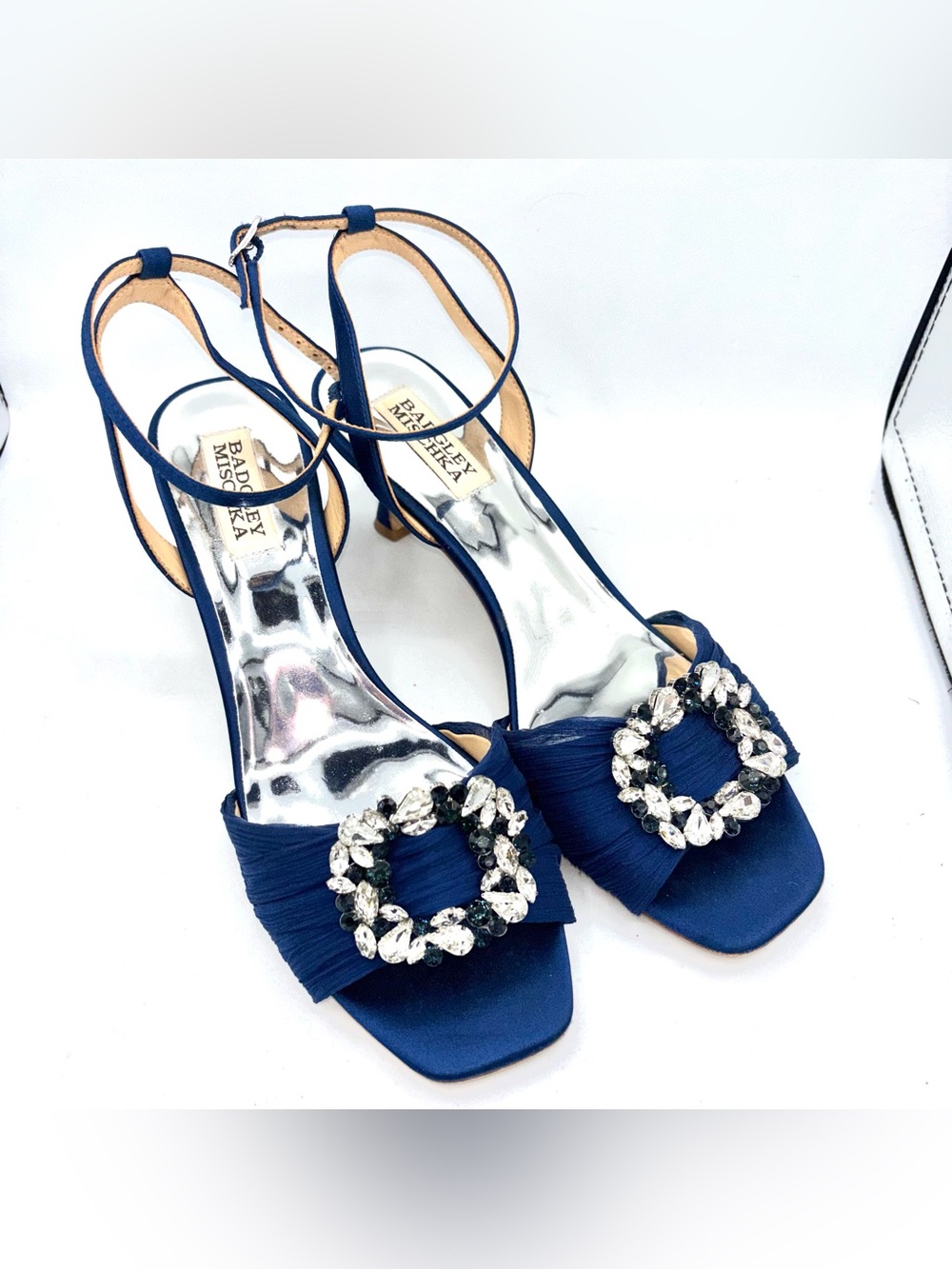 Badgley Mischka Nimah Satin Rhinestone Ankle Strap Heels